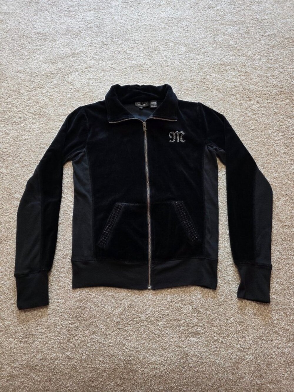 Women's Miss Me Black Velour Sequin Logo & Fleur De Lis Zip Jacket Size Large